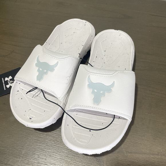 Under Armour Mens Size 7 Slides NEW Project Rock 3 White Halo Grey Womens 8.5